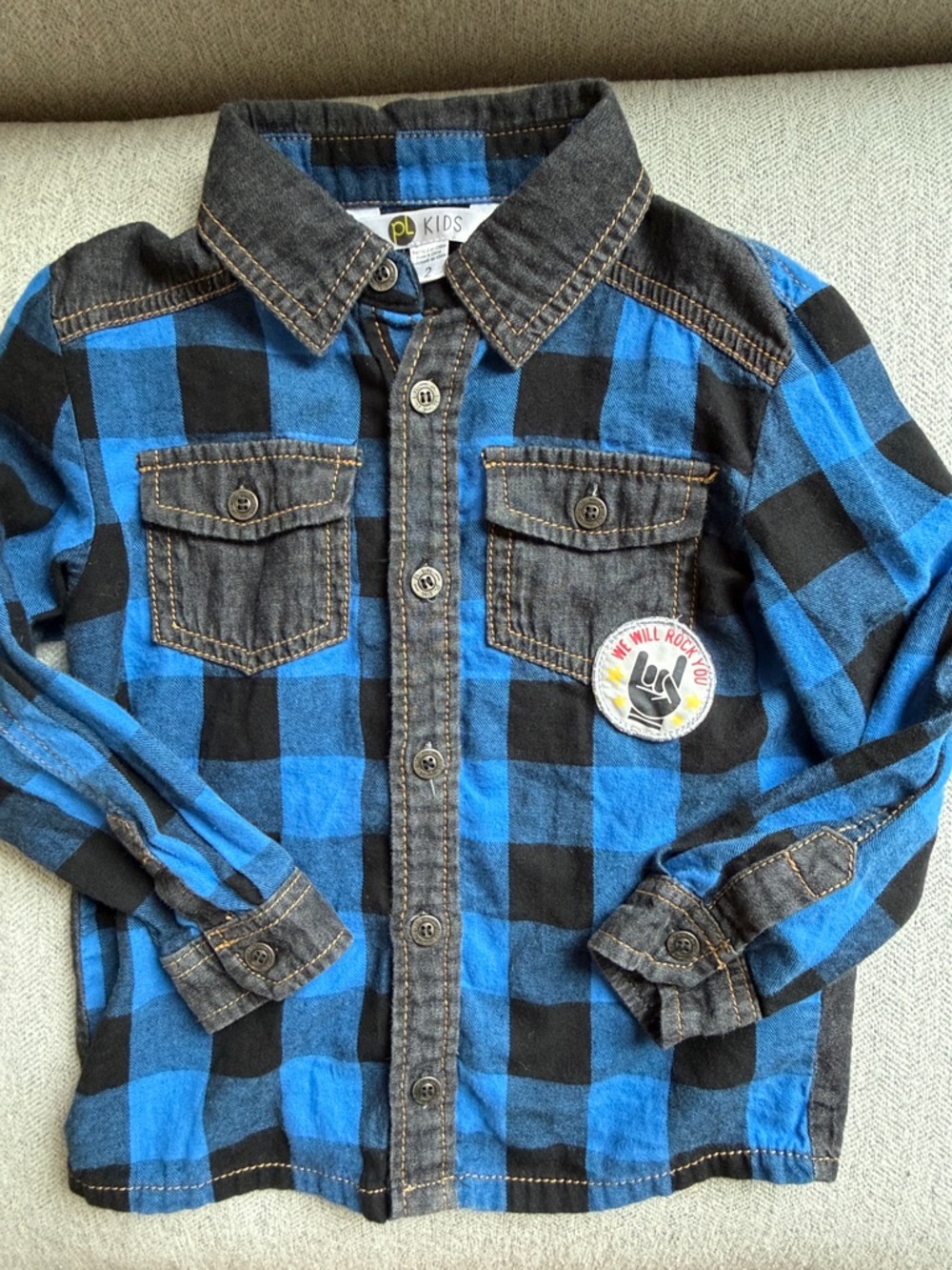 EUC sz 2 PL Kids Blue & Black Buffalo Plaid Button-Down Rock n Roll Shirt
